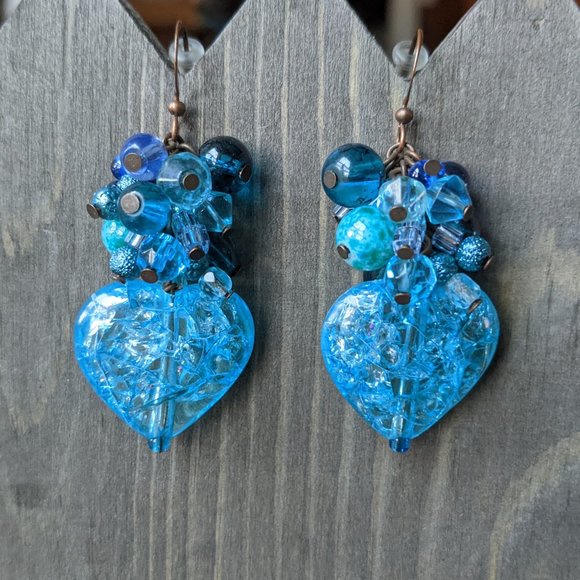 Mixed Blue Glass Bead & Blue Crackle Heart Cluster Earrings - Picture 15 of 16